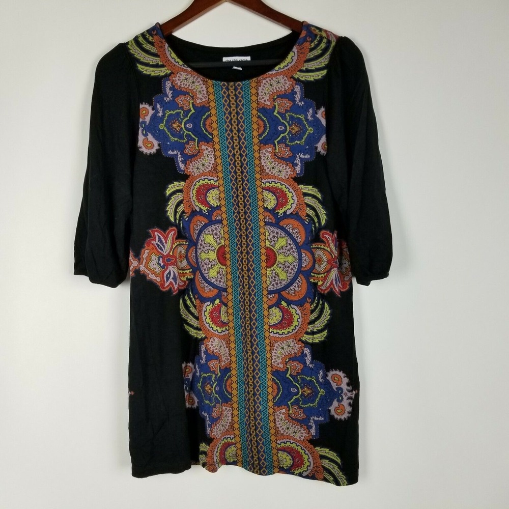 Cha Cha Venti Womens Tunic Size S Black Stretchy Floral Mandolin Print Blouse‎
